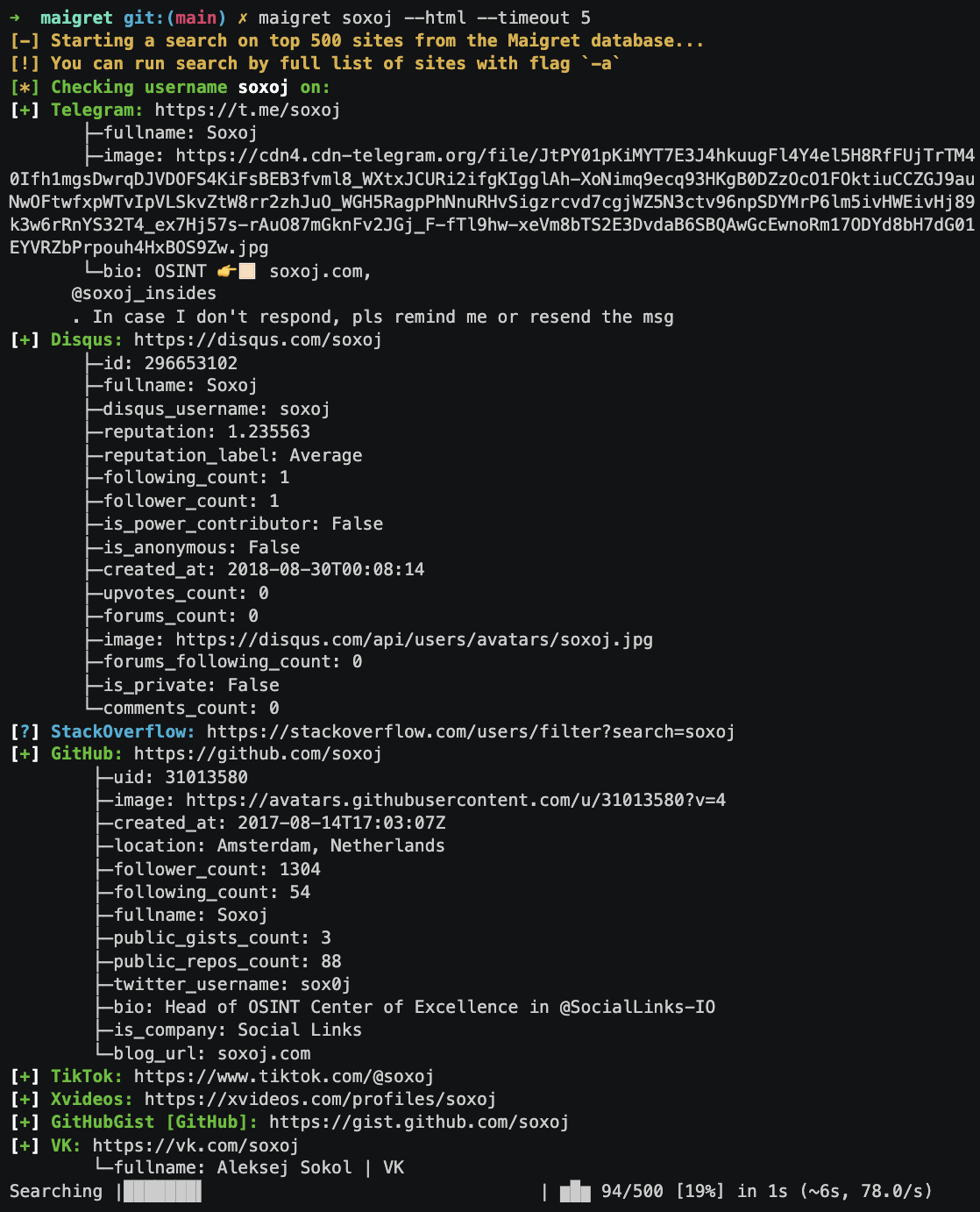 Search results in the terminal Maigret search results screenshot